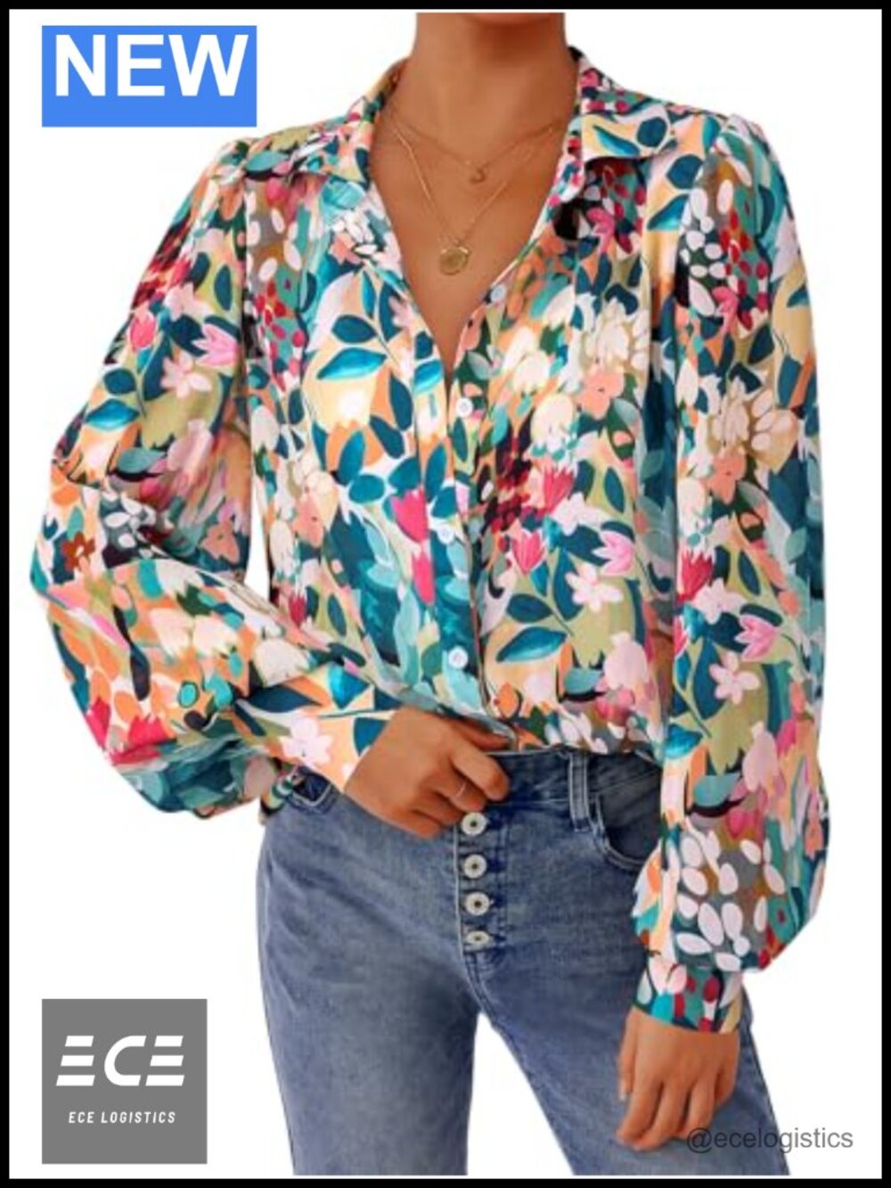 Womens Chiffon Floral Button Down Blouse V Neck Long Sleeve Boho Work Top